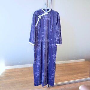 Purple Blue Velour Mandarin Duck Qipao Long Dress - Chinese Cheongsam